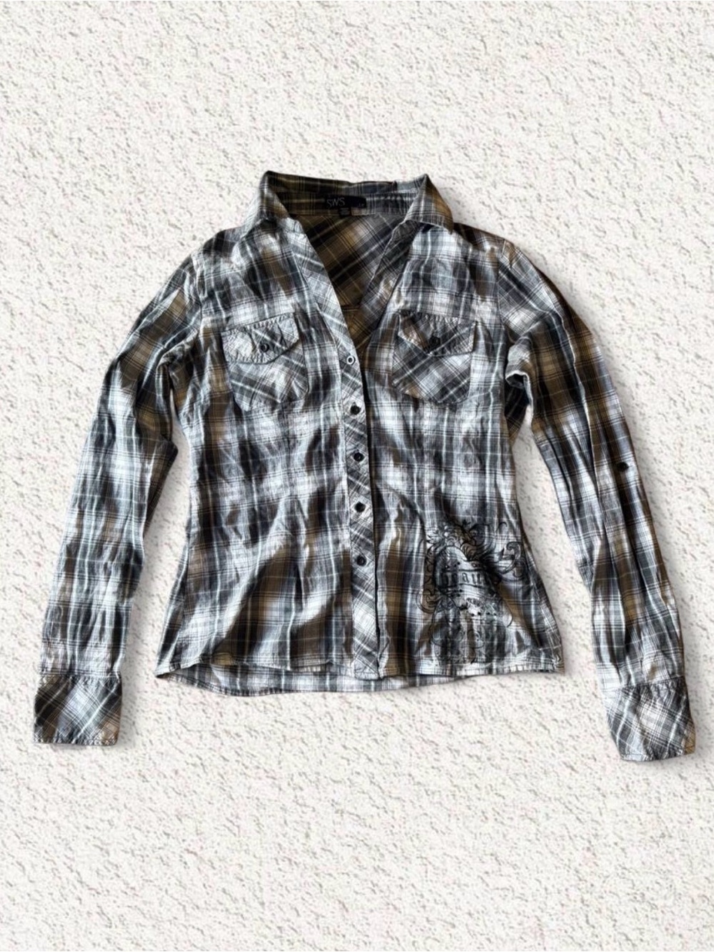 Women’s Plaid Button-Up Blouse - Gray/Black